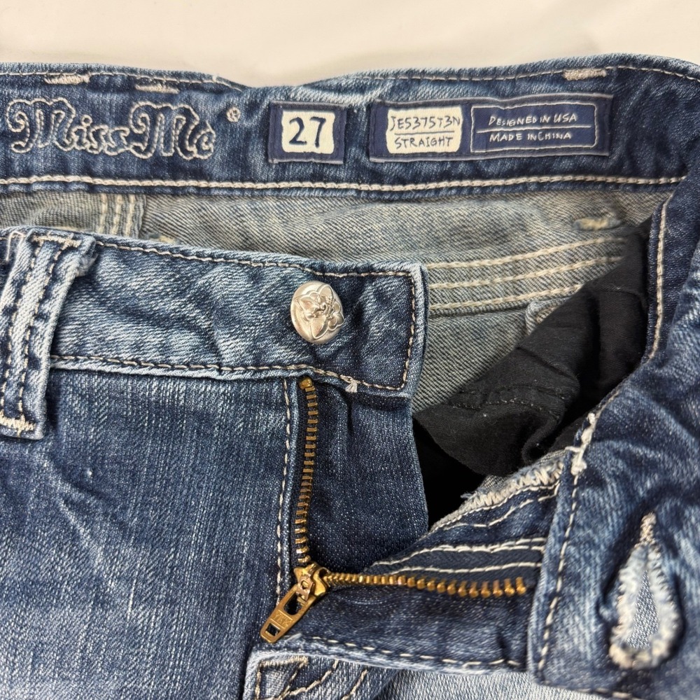 Miss Me Straight Leg Jeans 27X29 Rhinestone Distressed Fleur De Lis Buckle - Picture 7 of 12